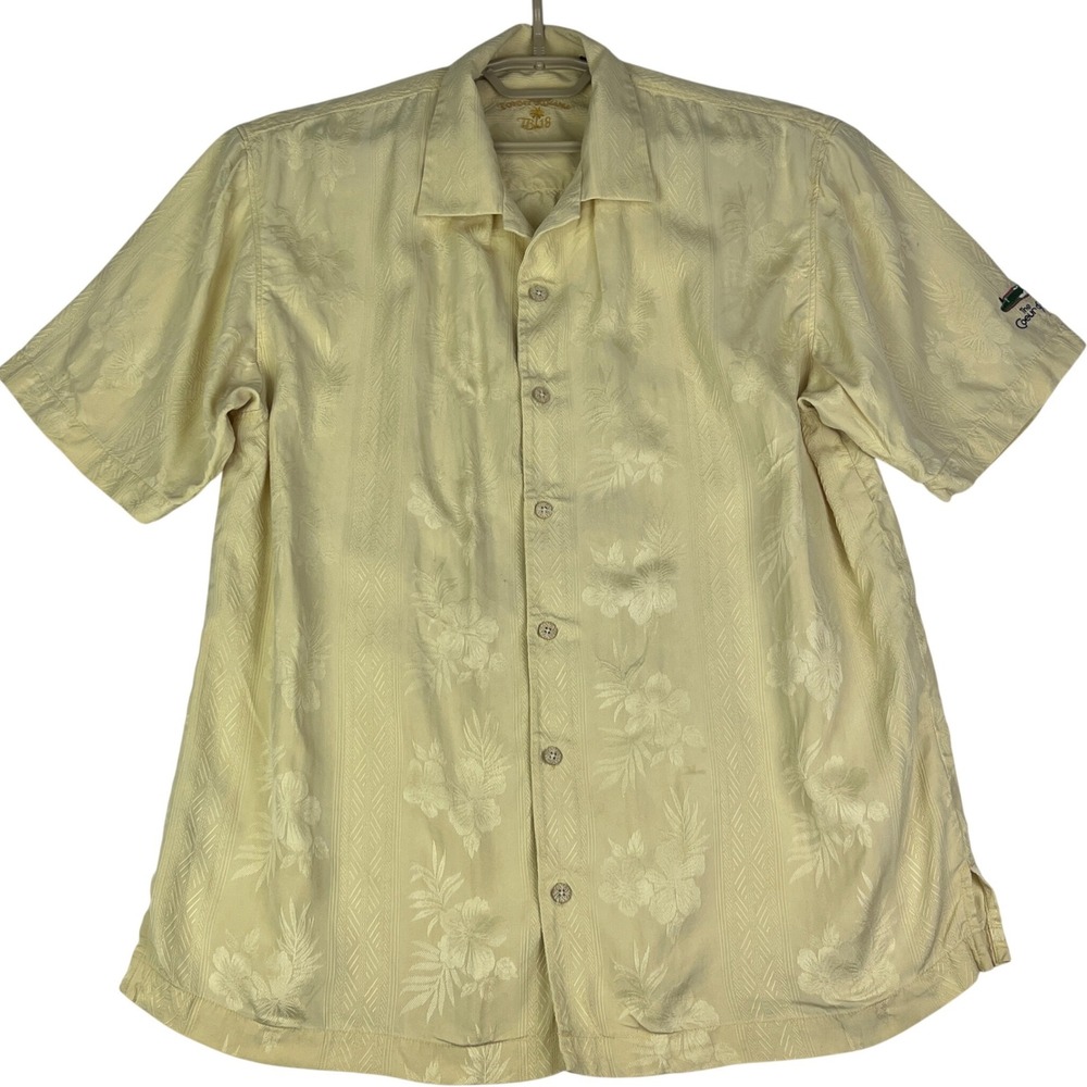 Tommy Bahama Camp Shirt Mens L Silk TB18 Coeur d'Alene Tropical Jacquard Yellow
